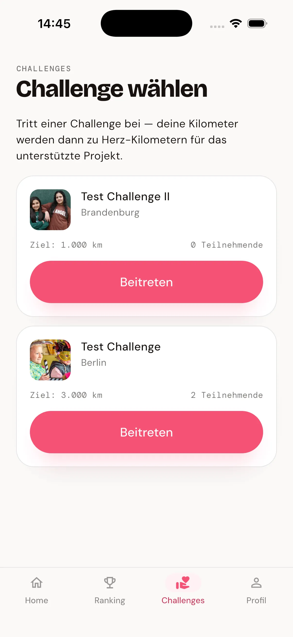 Challenge-Auswahl in der Herz-Kilometer-App
