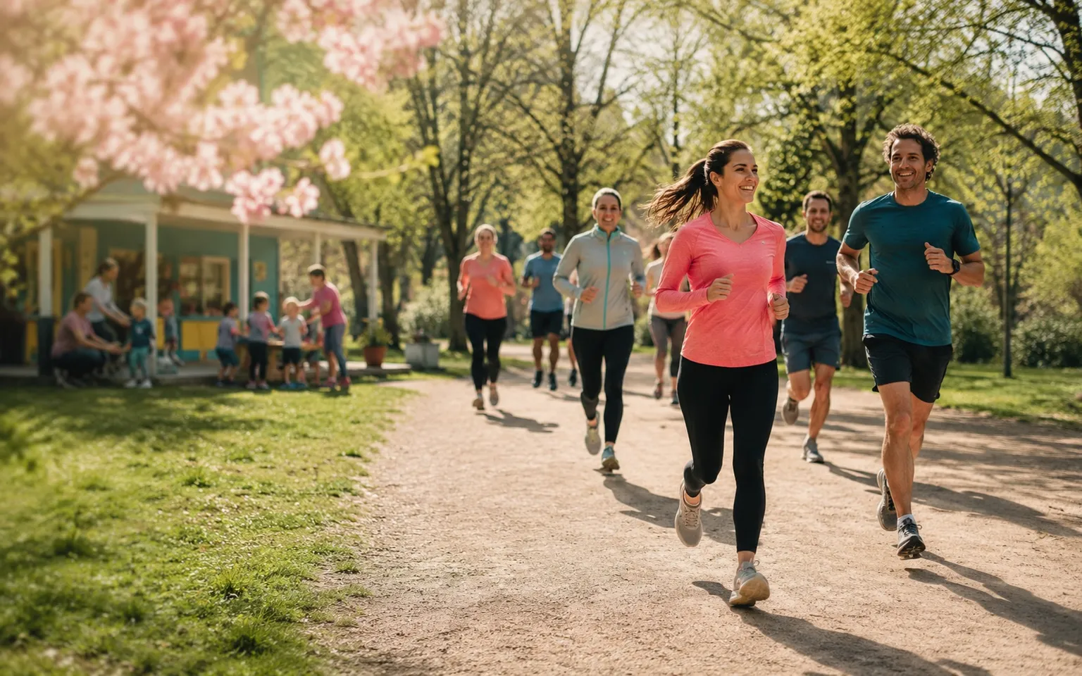 Laufgruppe im Frühling auf einem Parkweg, im Hintergrund ein Kinderprojekt