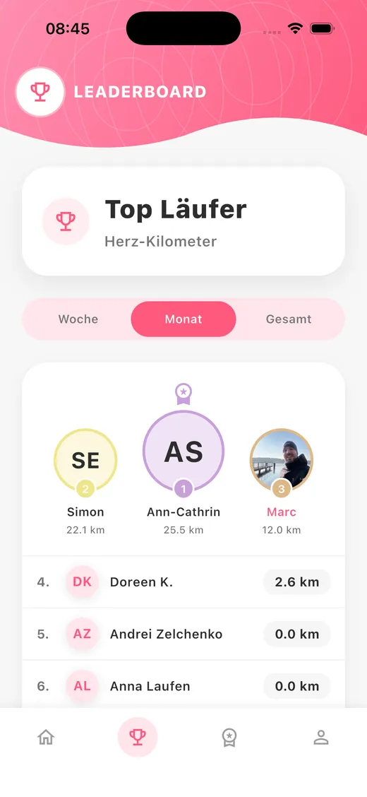 Herz-Kilometer App: Leaderboard mit Team-Ranking