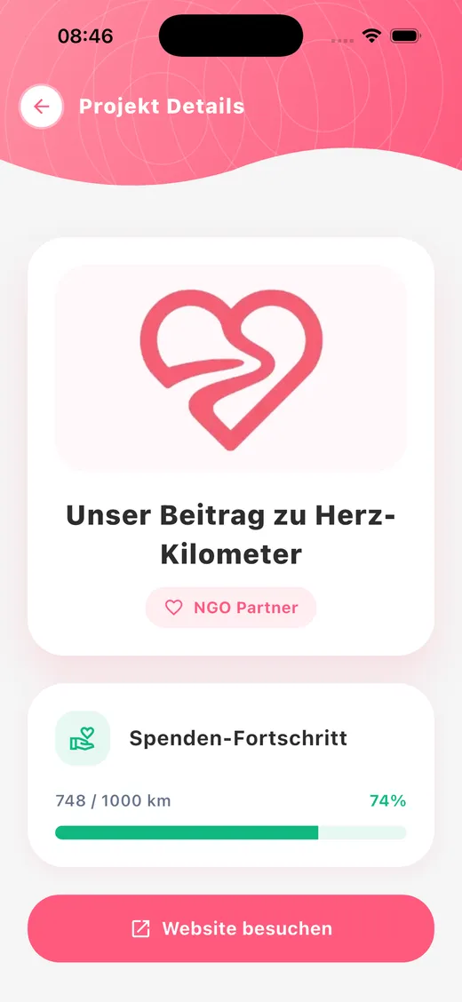Herz-Kilometer App: NGO-Projekt und Spenden-Fortschritt